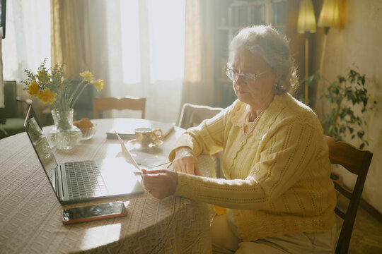 Senior Caucasian woman sitting at table using laptop and reading document, sunlight streaming through window, eyeglasses on face, focused expression, flowers in vase nearby