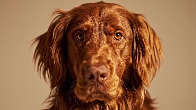 Majestic Irish Setter Portrait featuring a close-up of a brown dog's face with expressive eyes, ideal for pet care branding and veterinary services.