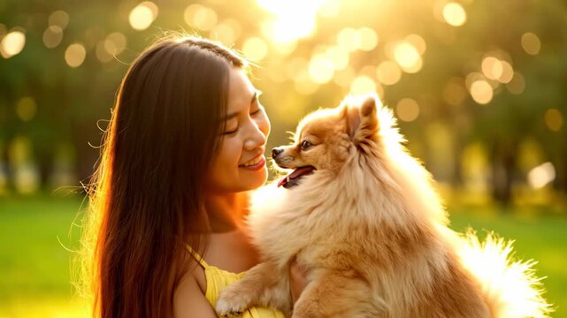 Happy young woman holding her fluffy Pomeranian dog in a sunlit park during golden hour for pet care and lifestyle concepts.