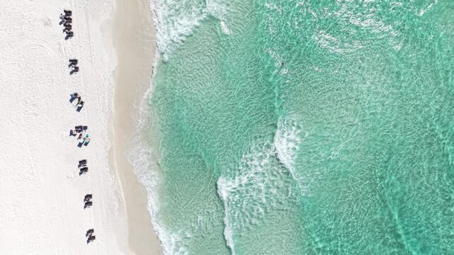Top-down aerial view of emerald Alys Beach with scattered beachgoers and Gulf waves, Panama City, Florida, USA