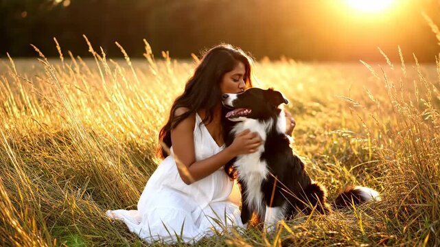 Heartwarming moment of a woman and her Border Collie sitting in a golden sunset field, ideal for pet care branding and lifestyle storytelling.