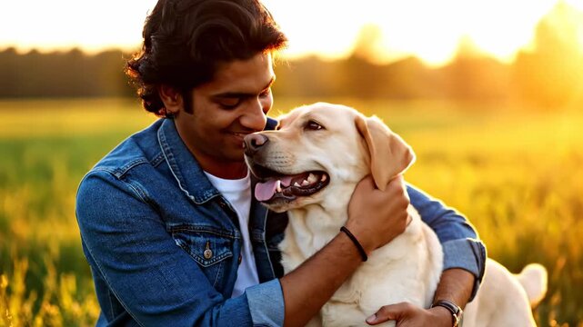 Heartwarming moment of a young man hugging his yellow Labrador in a golden sunset field, perfect for pet care and lifestyle storytelling.
