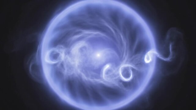 Vibrant blue and white swirling plasma with a glowing core against a dark background, showcasing dynamic energy patterns.
