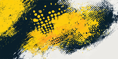 Abstract dynamic paint strokes in vibrant yellow and deep navy coalesce, with a textural dotted overlay, creating a striking graphic composition. © DreamLoom
