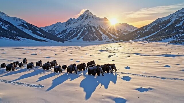 Woolly Mammoth Herd Migrating Through Snowy Mountains at Sunrise