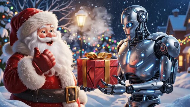Futuristic Christmas Celebration with Santa Claus giving a gift box to a high-tech robot in a snowy winter village for holiday technology ads and seasonal greetings.