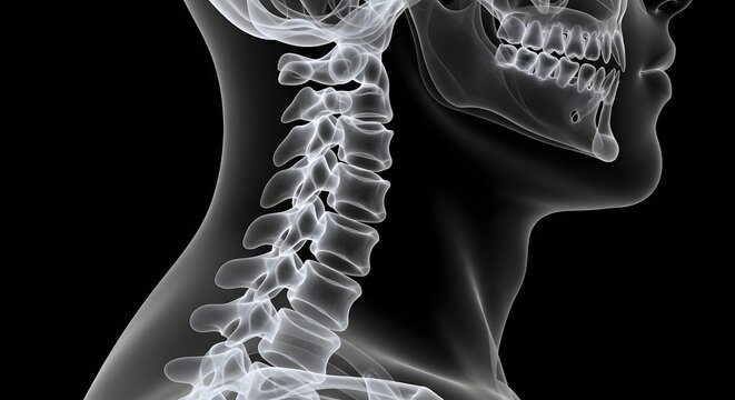 Human spine and neck x ray image showing vertebral column and skull