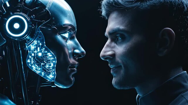Futuristic Human and AI Interaction featuring a man and a humanoid robot facing each other with glowing blue circuits for technology documentaries and artificial intelligence concepts.