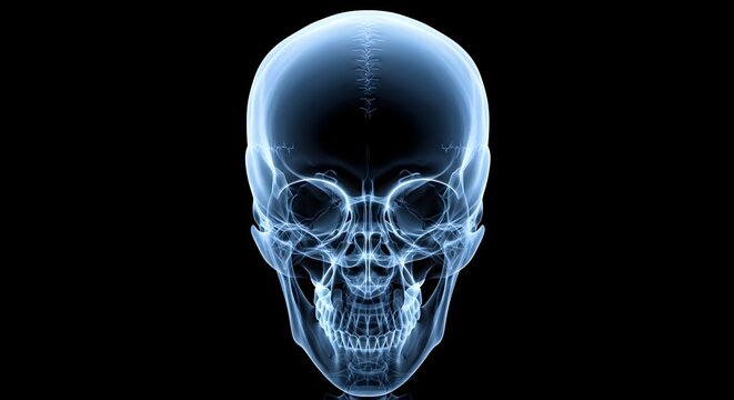 X ray image of a human skull with detailed bone structure