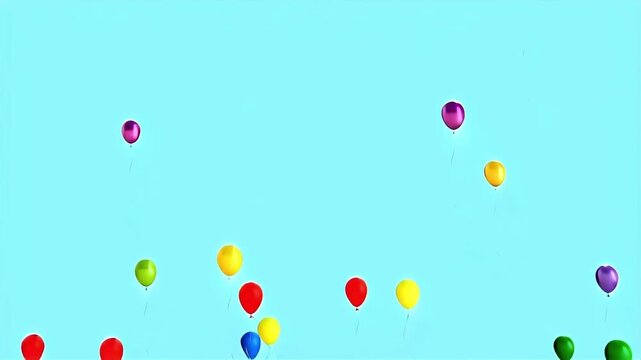 Colorful balloons float upwards on a bright cyan background