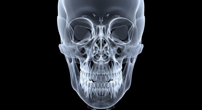 X ray image of a skull with visible bones and teeth structure