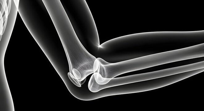X ray image of a human elbow joint showing bones and skeletal structure
