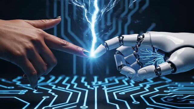 Futuristic Human and Robot Hand Connection with Electric Spark for Technology and AI Innovation Concepts.