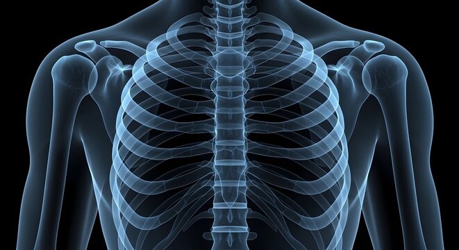 Human skeleton upper body x ray image of ribcage and upper limbs