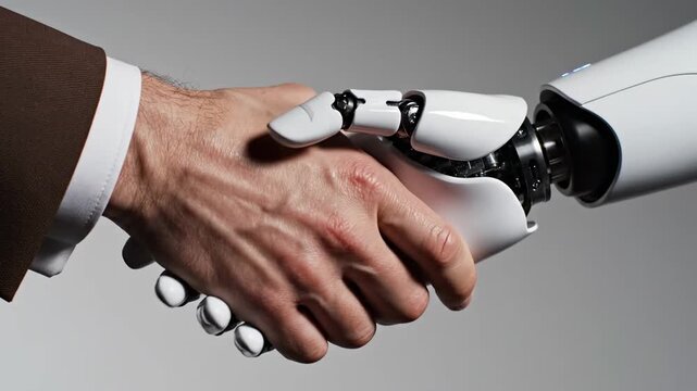 Future of Collaboration Close-up of a Human Hand Shaking Hands with a White Robotic Arm for Technology Innovation and Artificial Intelligence Business Concepts.