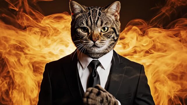 Sophisticated Anthropomorphic Cat Wearing a Black Suit Amidst Golden Smoke for Creative Advertising and Cinematic Storytelling.