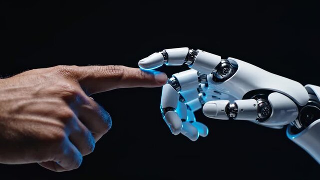 Futuristic Human and Robot Connection with a human hand reaching out to a white mechanical robotic hand against a dark background, ideal for artificial intelligence concepts and future technology.