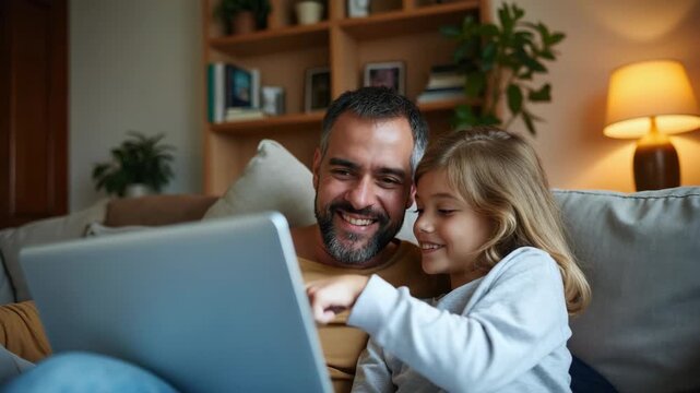 Father and daughter sharing joyous moment during video call in cozy living room, showcasing love and family connection..