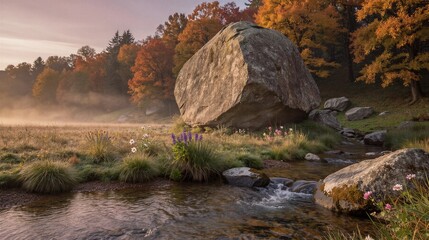 Fototapeta premium A weathered boulder stands prominently in an autumn forest landscape, surrounded by a babbling stream and vibrant foliage.