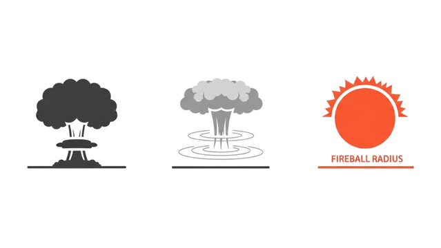 Nuclear Mushroom Cloud Vector Icon Sheet, Atomic Blast Explosion, Shockwave and Fireball Radius, Disaster Symbol, Military Line Art Design Icon Set