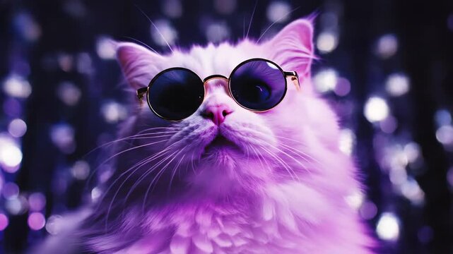 Cool Cyberpunk Cat Wearing Round Sunglasses Under Purple Neon Lights for Music Backgrounds and Social Media Content.