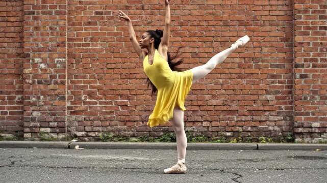Graceful ballerina in yellow dress performing an elegant pose against a rustic red brick wall for dance documentaries and urban art projects.