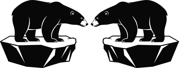 Black and white vector illustration of two polar bear silhouettes standing on ice floes, facing each other, Arctic wildlife, environmental awareness concept design © Ajija