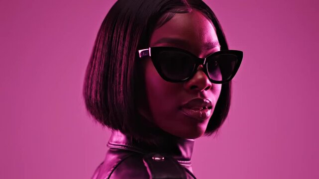 Stylish Black Woman in Leather Jacket wearing cat-eye sunglasses under vibrant pink studio lighting, perfect for fashion advertising and urban lifestyle content.