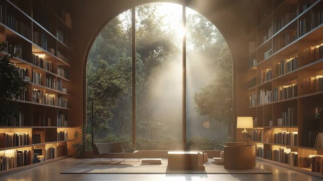 Cozy library with arched window overlooking sunlit forest, books, furniture, and mist.