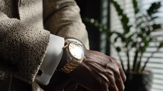 Elegant Luxury Lifestyle featuring a close-up of a man wearing a gold watch and a tailored suit for business and wealth marketing.