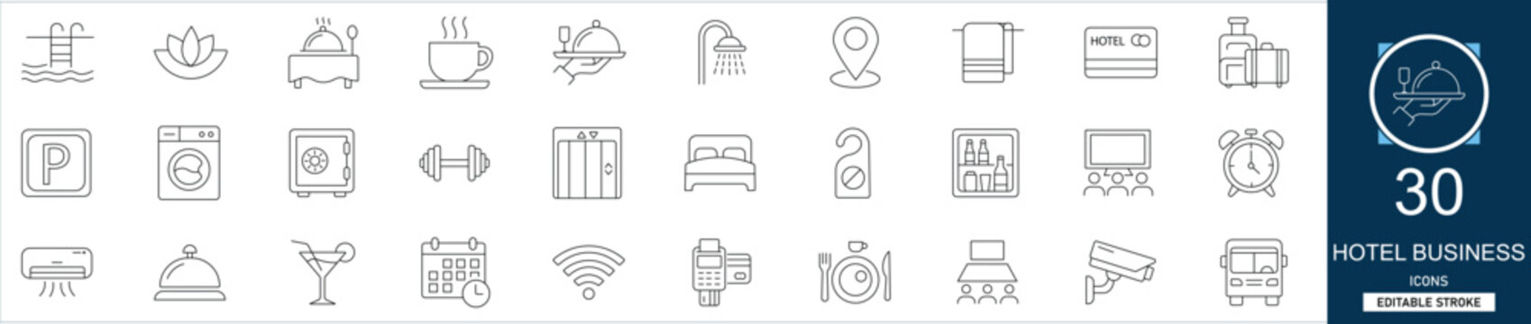Hotel business line icon set with 30 icons: hotel, hospitality, business, service, booking, accommodation, room, reception. Clean linear vector, editable stroke for tourism web projects.