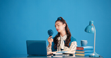 Calm, woman and student with fan for heat, education and relax with breeze on break and mockup...