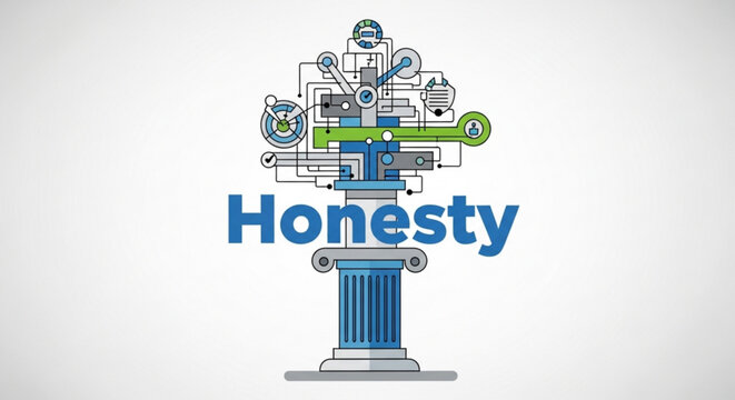 Honesty concept with blue column and gear icons on white background symbolizing integrity and truthfulness in business and relationships