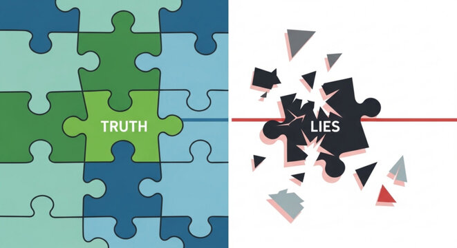 Puzzle pieces contrast truth and lies symbolizing honesty and deception in a divided concept