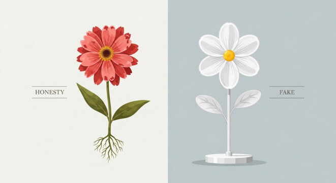 Two contrasting flowers symbolizing humility and fame with green leaves and roots on white and gray backgrounds