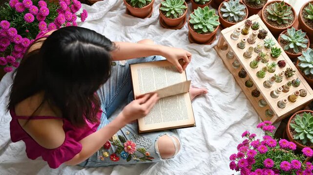 Peaceful Moment of Reading, Woman Sitting Among Lush Succulents and Pink Flowers with an Open Book, Ideal for Lifestyle Blogs and Wellness Content.