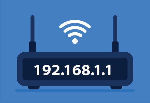 wifi router interface illustration, flat modern modem with antennas and ip address display, internet network device for configuration login page dashboard ui and connectivity management, vector illust