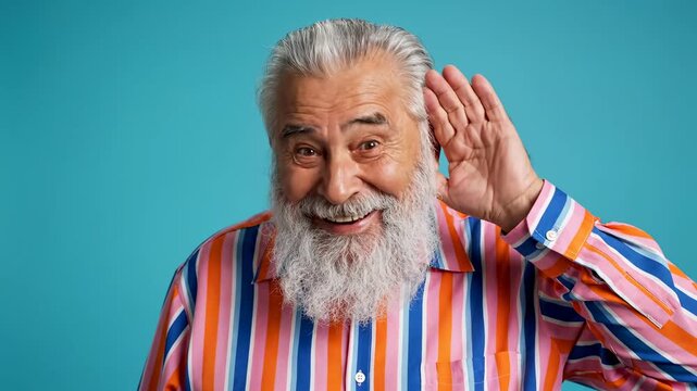 Curious Senior Man Listening Intently with hand to ear wearing a colorful striped shirt against a blue background ideal for communication and hearing aid advertisements.