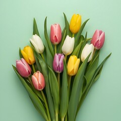 Obraz premium Vibrant Spring Tulips Fresh Colorful Bouquet on Mint Green Background
