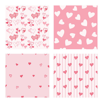 Set of seamless patterns with hand drawn doodle hearts in different styles romantic backgrounds collection for valentine day wrapping paper textile print wallpaper packaging and social media design
