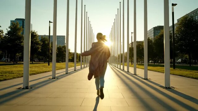 Energetic Woman Running Through Modern Urban Plaza at Sunset for Lifestyle and Travel Concepts.