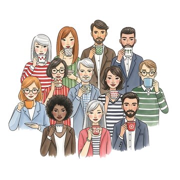 A collection of diverse characters holding steaming mugs, rendered in a clean digital watercolor style for community themes