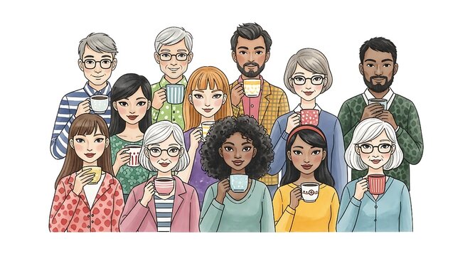 A diverse group of smiling people from various backgrounds enjoying coffee together in a soft watercolor illustration style
