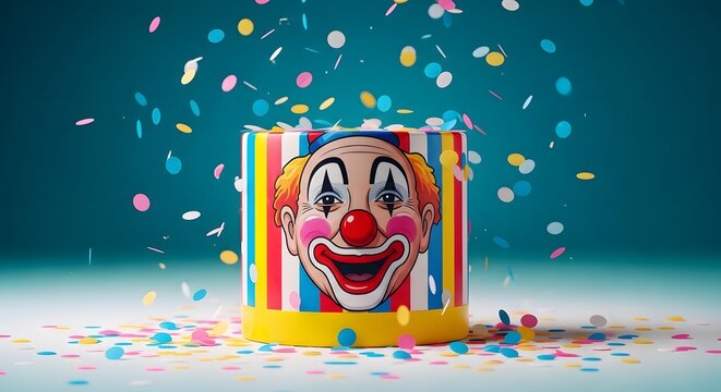 April fools day funny clown cake with confetti on blue background