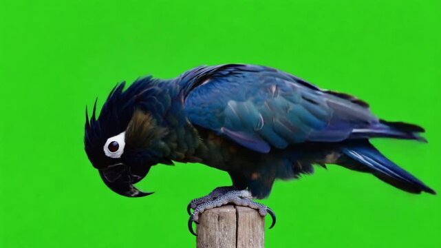 Vibrant blue parrot perched on wooden stump against green background