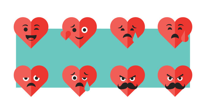 Set of eight red heart characters with various facial expressions representing different emotions on a light teal background.
