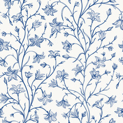 Fototapeta premium Seamless pattern with graceful forest bluebells. Classic blue on white.