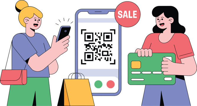 Women using smartphone with QR code for mobile payment and shopping