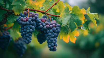 Fototapeta premium Purple grapes growing on vine in vineyard fresh organic fruit agriculture harvest wine concept