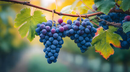 Fototapeta premium Purple grapes growing on vine in vineyard fresh organic fruit agriculture harvest wine concept